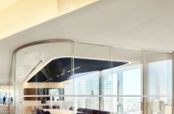 Etched glass MESA table with continuous base is central to the sophisticated feel of this meeting space. thumbnail